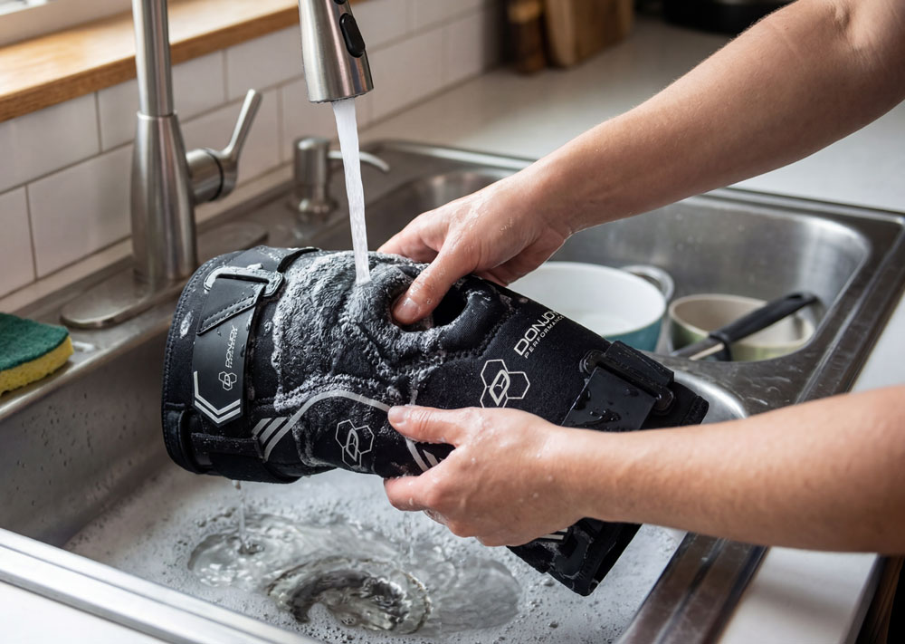 Bionic Drytex Knee Sleeve being washed in a kitchen sink