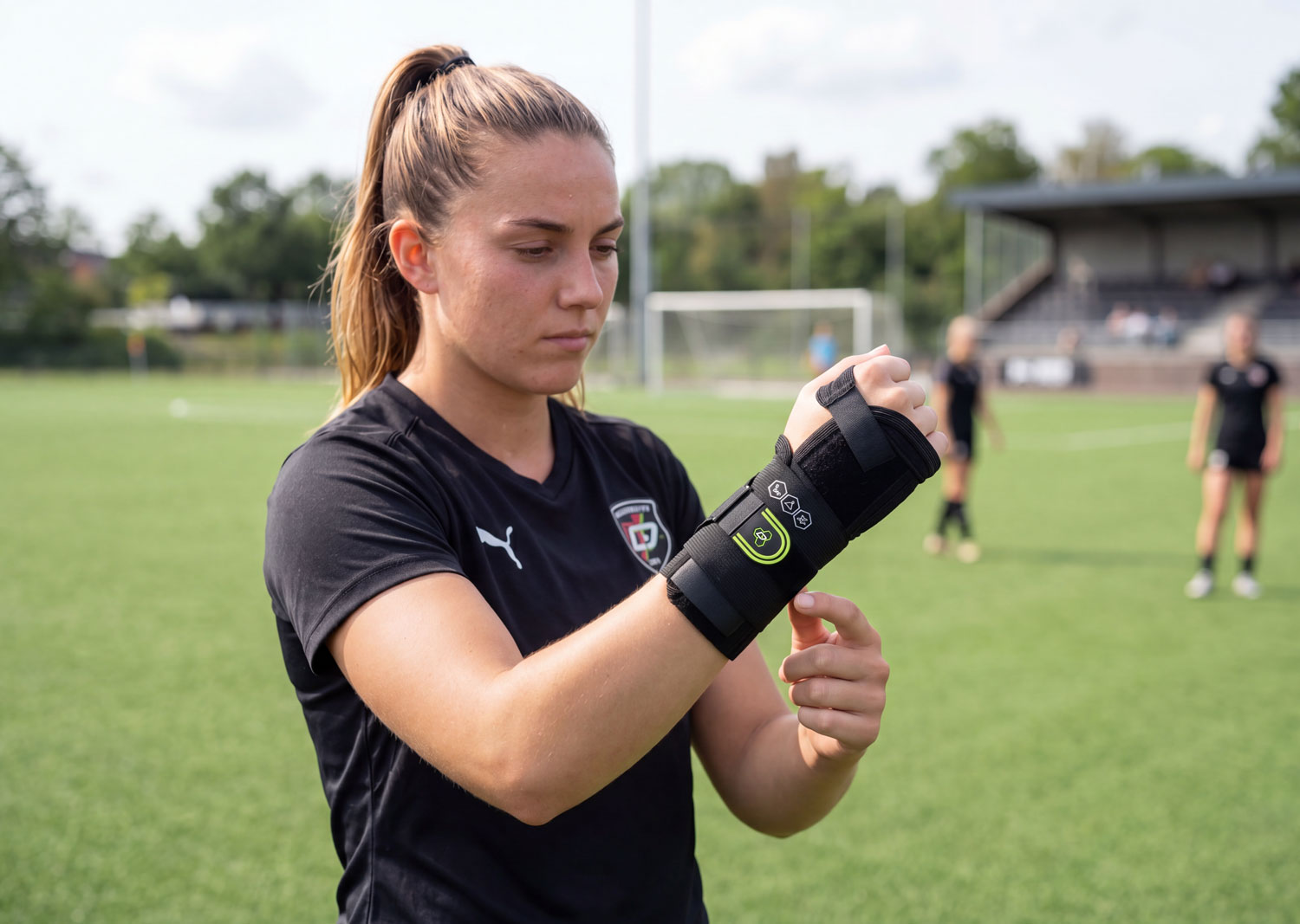 DonJoy Performance Bionic Elastic Wrist Brace worn by an athlete kneeling on a field