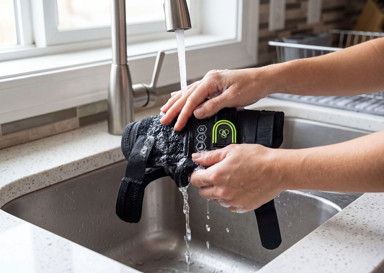 DonJoy Performance Bionic Elastic Wrist Brace being washed in a kitchen sink