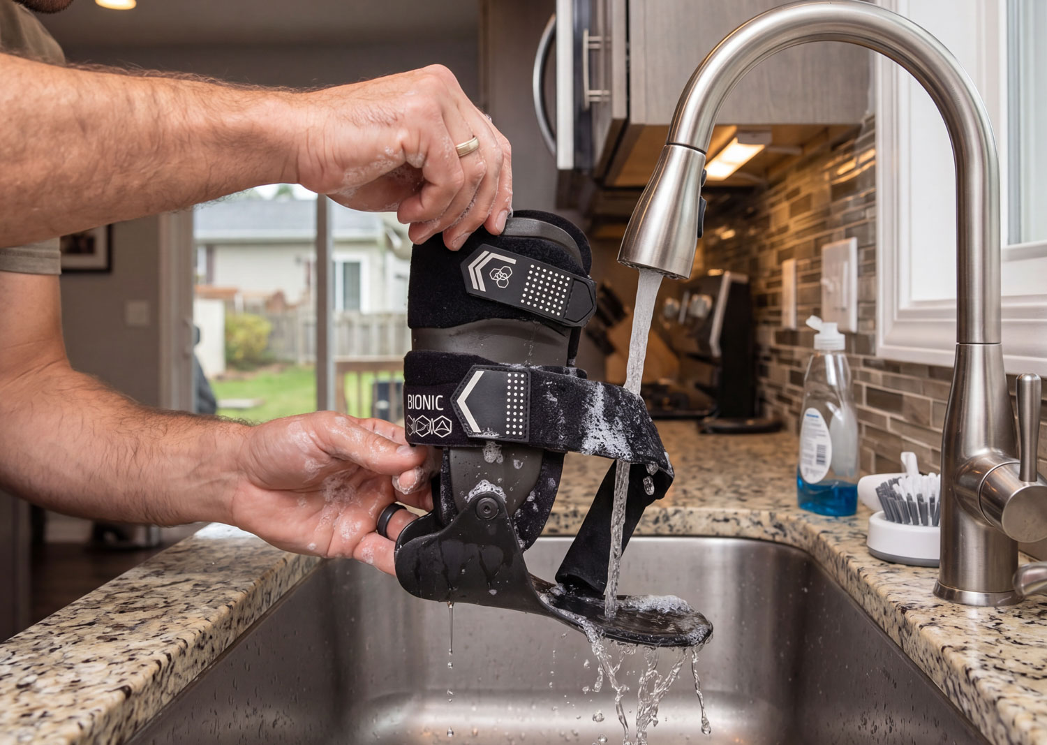 DonJoy Performance Bionic Stirrup Ankle Brace being washed in a kitchen sink
