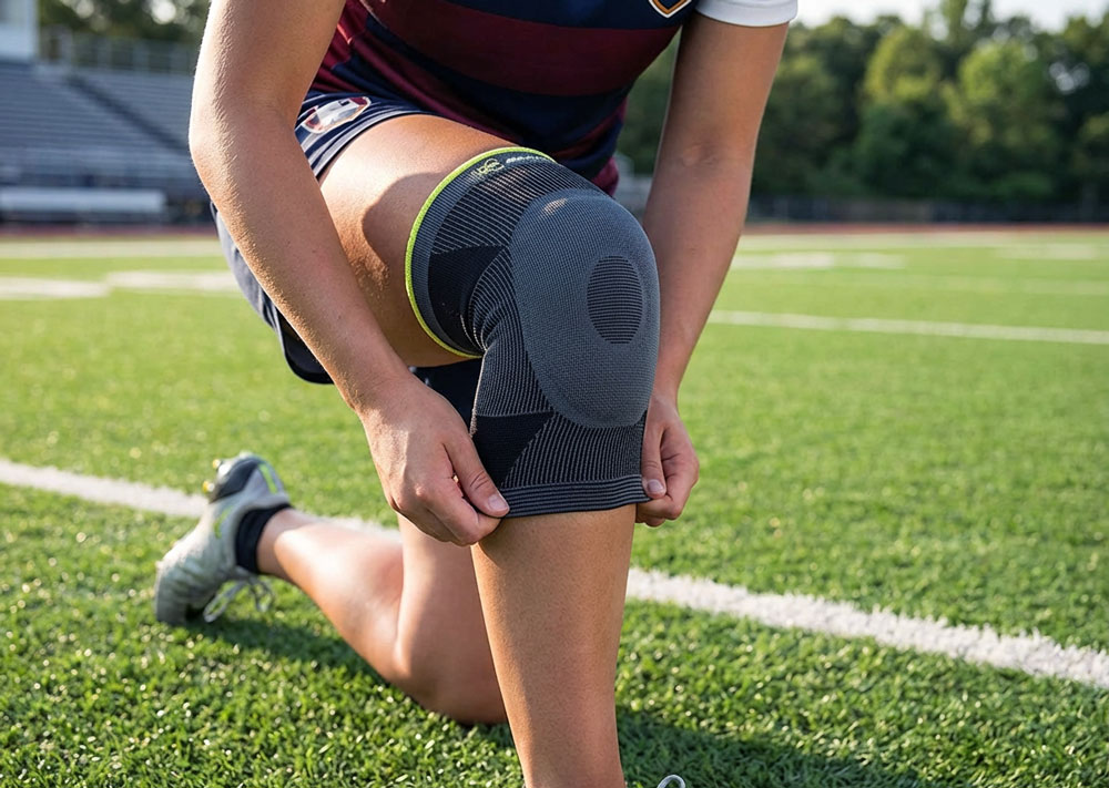 Athlete applying the DonJoy Performance Deluxe Knit Knee Sleeve