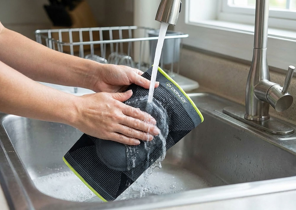 DonJoy Performance Deluxe Knit Knee Sleeve being washed in the kitchen sink