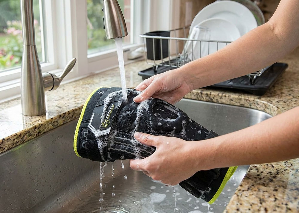 DonJoy Performance Stabilizing Knee Sleeve being washed in the kitchen sink