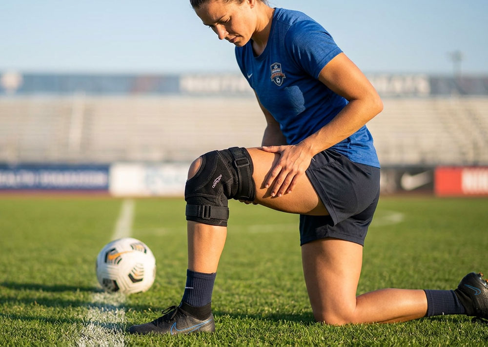 DonJoy Tru-Pull knee brace worn by an athlete kneeling on a field