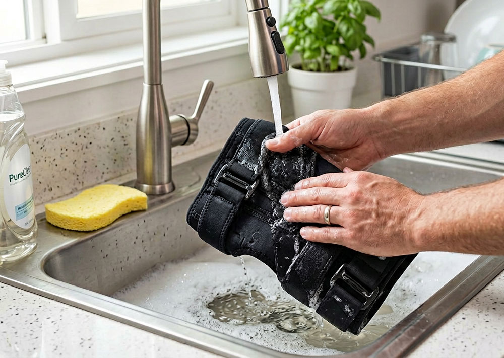 DonJoy Tru-Pull knee brace being washed in a kitchen sink