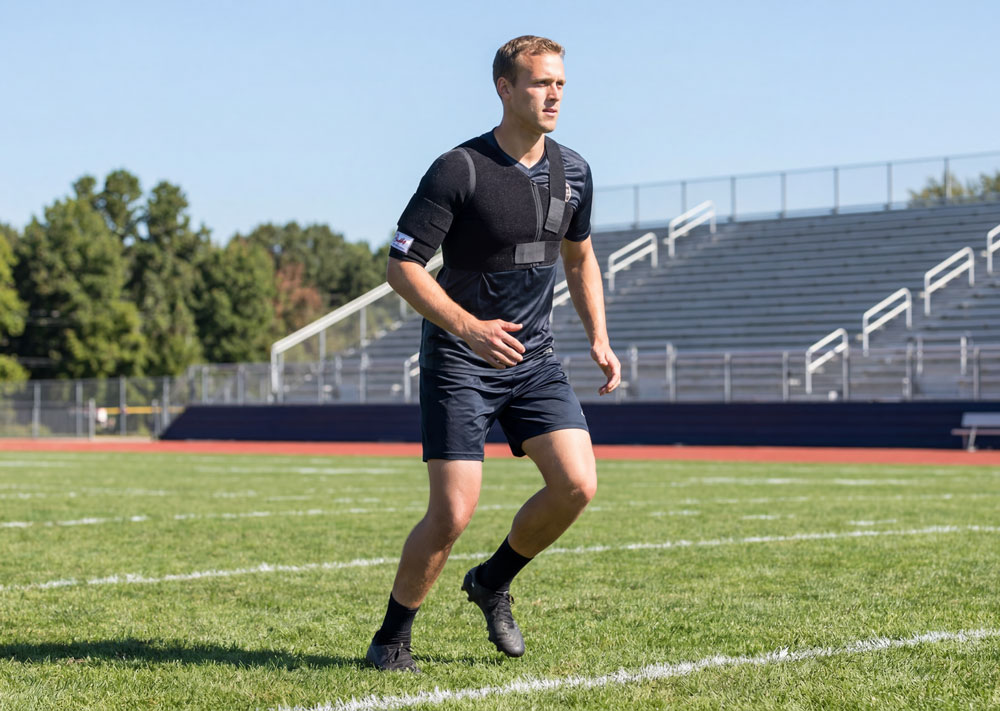 DonJoy Sully Shoulder Brace worn by an athlete kneeling on a field